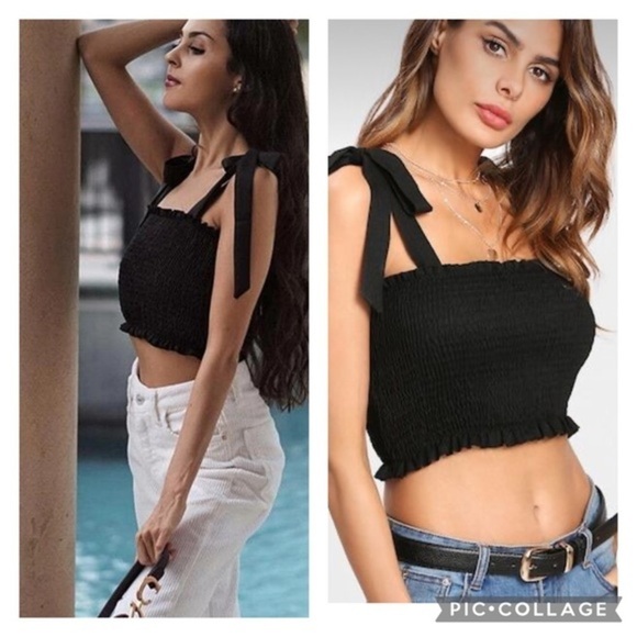 Shein Tied Shoulder Shirred Crop Top - Picture 6 of 6